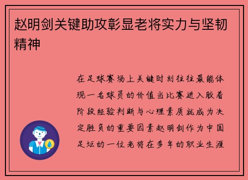 赵明剑关键助攻彰显老将实力与坚韧精神